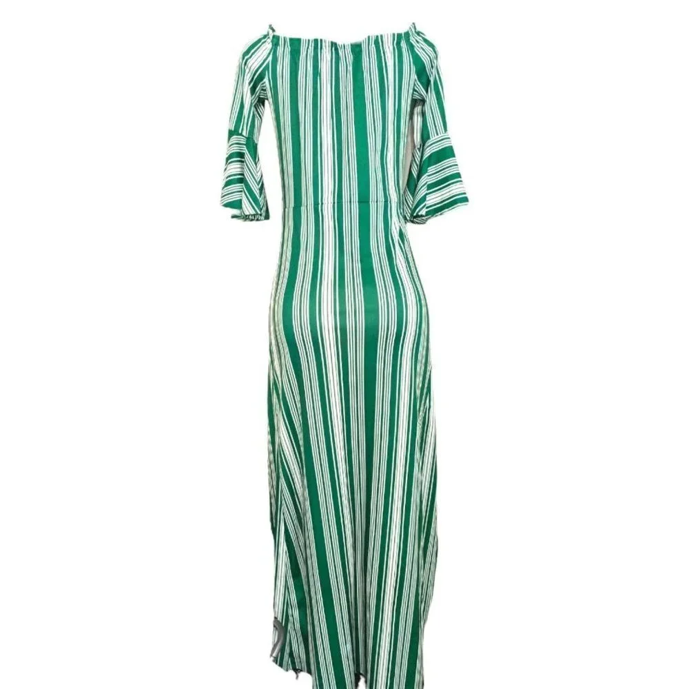 PL51458 Off The Shoulder Flare Sleeve Striped Maxi Dress - Picture 5 of 9